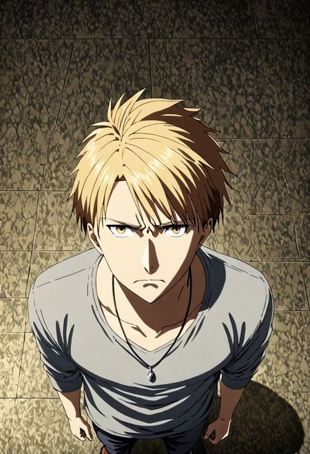 high resolution, solo, best quality, 1Boy, Yamato Ishida, Blond Hair, Necklace, standing, straight facing upwards, casual, seen from above, arrogant face, dominant, intimidate, OverallDetail