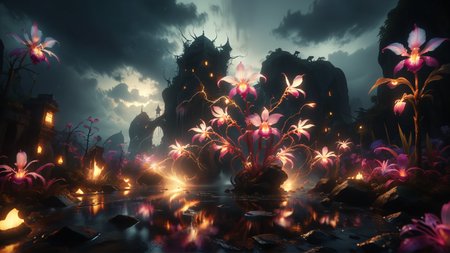 "Laelia, the Blade Reforged", it is Horrifying, Stormy weather, landscape art, stylized by Thomas Moran, Fantasy, Fairy Kei, cinematic lighting, geometric patterns, Gold mist, <lora:ral-exposure:1> made with ral-exposure, cute, magical, elegant, fertile, ambient illumination