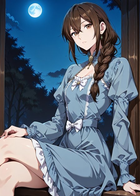 <lora:Lilia_Helstea__The_Beginning_After_the_End__Illustrious:1>
1 girl, solo, brown hair, brown eyes, long hair, hair between eyes, single braid
blue dress, long sleeves, puffy sleeves, bow, earrings
(Anime_source),Masterpiece,(perfect female body:1.2), small waist,(incredibly detailed:1.4), slim, beautiful fingers, parted lips, sitting , crossed legs, looking at viewer, night, blue moon, <lora:iLLMythG0thicL1nes:1>