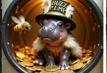A cute Polaroid photograph capturing a baby hippo, Realistic photo of super cute Baby mini hippo sitting on golden coins in a bank safe, super realistic hippo, hyper cute mini hippo baby trending on tik Tok,  wearing a fur coat, dressed as a pimp, baby hippo snoop doggy dog, ultra cute image with text written above in fancy romantic hand written golden letters art deco style emblem " Buzz P.I.M.P." , hip hop video short lense image, super elegant and high class photography, golden coins are Kruger Rand with image of a flying bee, coins flying close to viewer. Round gate of safe in behind, golden backlight shroud open door, hippo wears zebra fur cape and fancy hat with feathers like an 1970s pimp. Cute hippo with big glossy black eyes and round cute nose with cute bristles. Fisheye lense, glow, action shot, , cute big head, title emblem with lots of decoration and text: "buzz bump" Dutch angle, nameplate,  Dutch angle, tilted image, tik Tok. Big mouth wide nose,round face, big head, wet skin, baby hippo moo deng.