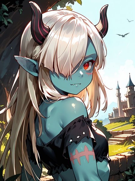 (upper body, solo:1.1) <lora:happy_tentacle-necromancer-v0.3-000037:1>, ht_necromancer, colored skin, horns, (petite:1.2), <lora:Shed_The_Skin's StS_age_slider_v1_initial_release:-1.1> ( :1.1) ( , , ( :1.2) , , looking back :1) , outdoors, vegetation, (overgrown :1.1), , (dawn :0.6), , (:0.5), , (european architecture :0.8), (oasis :1.2) (( from below :1.1) :0.8) score_9, score_8_up, score_7_up, score_6_up, score_5_up, score_4_up, ( [(realistic, photorealistic:1.3):(realistic:1.2):16] [(3d:1.2)::14] :1) <lora:LUUNA's Lunas-NijiJourney-SDXL-B2:0.35>, nijijourney <lora:prgfrg23's Counterfeit-V3.0 Style SDXL_LoRA_Pony Diffusion V6 XL:0.5> <lora:mfcg's mfcgXL:0.12> <lora:reweik's gyokai(himehajime)_PonyXL_style_v01:0.14>