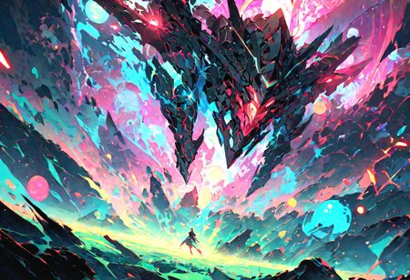 ((masterpiece, best quality, extremely detailed, absurdres)),(fantasic illustration, dynamic lighting), layered, on a futuristic moon, a giant robot dragon (guarded by bright luminous different sized spheres of different coloured lights:1.2), the earth can be seen in the sky, glowing luminous energy glowing through broken armour, <lora:flat2:-1.8>, (cinematic composition and lighting)