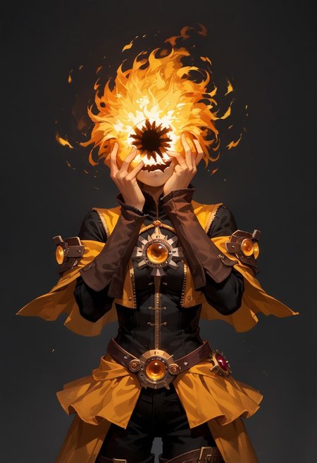 score_9, score_8_up, score_7_up,
lord_of_frenzy, fire head,
novakin, faceless, no eyes, no mouth, no nose, no facial features, short fiery yellow orange hair, body made of black plasma,
magical girl outfit, steampunk dress, boots,
head tilt,
simple background, grey background,
yandere trance, hands on own face, hands on own cheeks