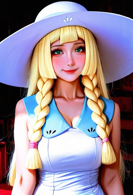 masterpiece, best quality, amazing quality, realistic, 21 year old model, medium breasts,   upper body, (detailed eyes, soft lips, soft skin), closed mouth,   zzLillie, long hair, braid, sun hat, white headwear, collarbone, sleeveless dress, white dress, <lora:LilliePokemonIXL:1.0>, smile,   highly detailed, film grain, rim lighting looking at the viewer, curvy, beautiful detailed face, beautiful green eyes, long hair, skin pores,  ,    <lora:R3alB3auty_NAI:1.0>,