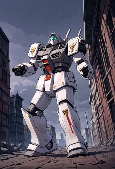score_9, score_8_up, score_7_up, source_anime, cowboy shot, side view, BREAK, ( gm_cold_districts_type, looking up, running, bazooka, aiming up, beam saber on back, ) 1mech, mech focus, solo, BREAK, white to grey background, cold lighting, score_9, score_8_up, score_7_up, source_anime, cowboy shot, side view, dutch angle from below, BREAK, ( ) 1mech, mech focus, solo, BREAK, city, ruins, overcast, cloudy sky, rain clouds, broken concrete, dirty, (score_9, score_8_up), score_7_up,  <lora:PonyImperialF40k:0.8> ImperialF40k, power armor, GreyK40k, gold trim, skull decorations, gold edges,