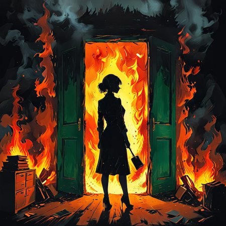 <lora:flame silhouette:1>,  <lora:flame:1>, flame,
burning office green door,
graphic style of novel comics, perfect hands, 2d,
8k, hyperrealism, masterpiece, high resolution, best quality, ultra-detailed, super realistic, Hyperrealistic art, high-quality, ultra high res, highest detailed, lot of details, Extremely high-resolution details, incredibly lifelike, colourful, soft cinematic light,