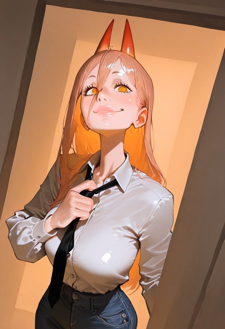 1girl, solo, power \chainsaw man\, long hair, ringed eyes, horns, white collared shirt, black necktie, jeans pants,
looking at viewer, smiling, closed mouth,
hiding, in macabre Cursed, moonlit hilltop,artist:Matsuba10,matumot,kim hyung tae,
dynamic angle, dynamic motion, creepy, horror,fenner, trippy,,absolutely eye-catching,,extremely detailed,, good composition, masterpiece, best quality, very aesthetic, very awa, absurdres, newest,
masterpiece, best quality, amazing quality, very aesthetic, absurdres, newest, , photorealistic,  <lora:incase_new_style_red_ill>, ExpressiveH,  orange lights, orange mood, shiny skin, black bra under clothes, beautiful lips, sexy lips, shiny lips, adjusting neck tie