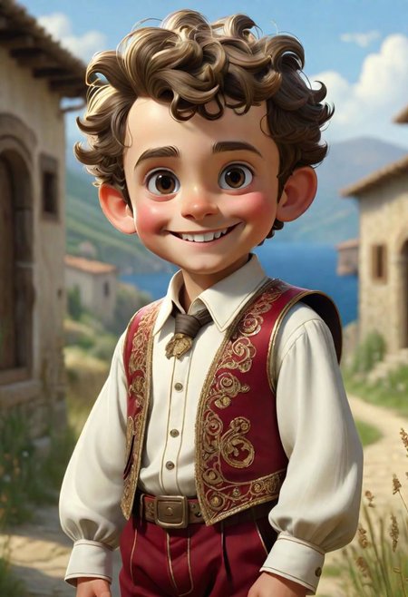 (((masterpiece:1.7))), (((randomly picked cute male child_1.8))), (smiling and happy:1.5),  (full-body shot:2), (traditional male costume of Calabria from Arbereshe Community), filigree, 8k, cartoon digital illustration, cute big pixar reflective eyes, unreal engine cinematic smooth, dreamlike, intricate detail, oil on canvas by Mark Ryden, golden ratio, perfect composition, UE5, trending on artstation and cgsociety, soft natural volumetric cinematic perfect light, award-winning photograph, by Anno1313 art style, --chaos