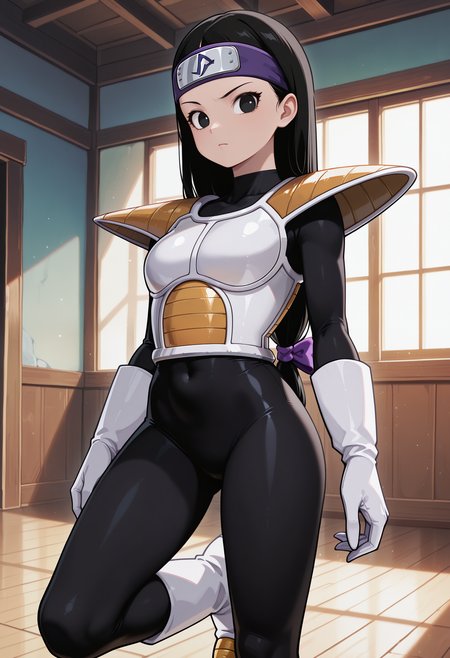 Tsch, 1girl, black hair, low-tied long hair, black eyes, purple bow, forehead protector, white saiyan armor, shoulder pad, black bodysuit, white gloves, white boots, looking at viewer, indoors, best quality, very aesthetic, masterpiece,