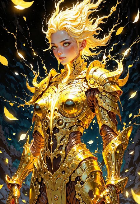 (in Otomo Katsuhiro style:1.2), masterpiece, high-quality, A radiant empress adorned in armor made of molten gold its surface flowing like liquid metal yet perfectly sculpted to her form, Her hair cascades like liquid light illuminating the space around her, She is at the heart of a shattered palace suspended in a twilight void, her gaze commanding as glowing petals drift in the air, ethereal elegance, liquid brilliance, fractured regality, (Stylized anime-fantasy with luminous surreal details:1.1), big natural breasts, (elaborate fine details:1.1), (hyperdetailed:1.1), (intricate details:1.0), (Refined details:1.1), (best quality:1.1), (high resolution:1.2), <lora:FLUX\Anime v1.3:0.6> <lora:FLUX\VividlyReal:0.6> <lora:FLUX\FLUX-daubrez-DB4RZ:0.4>