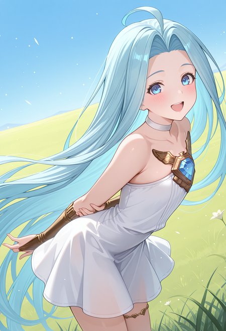 highres, best quality, masterpiece, blue sky, grass, light particles,
1girl, solo, gbfluria, light blue hair, very long hair, ahoge, blue eyes,
lyrdef, white dress, strapless dress, choker, collarbone, chest jewel, jewelry, bridal gauntlets, thighlet,
looking at viewer, blush, smile, open mouth, 
standing, arms behind back, from side, leaning forward, 
<lora:_lyria-elesico-ilxlC:1>