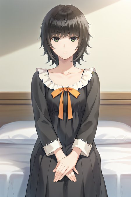 score_9, score_8_up, score_7_up, source_anime, rating_safe, intricate details, anime screencap, official style, 1girl, solo, <lora:Yaegaki_Erika:1>, erika, black hair, dark eyes, medium hair, collarbone, black dress, frilled collar, long sleeves, orange ribbon, hands on lap, sitting on bed, looking at viewer, expressionless, indoor, cowboy shot