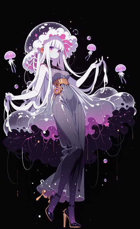 masterpiece,best quality,amazing quality, 
1girl, solo, long hair, breasts, looking at viewer, simple background, dress, holding, closed mouth, very long hair, purple eyes, full body, white hair, sleeveless, blunt bangs, high heels, see-through, sleeveless dress, colored skin, black background, monster girl, personification, bubble, grey dress, air bubble, transparent, holding hair, dark background, see-through dress, jellyfish, gradient dress, haiz_ai, in the style of cknc,
Flatline, Flat vector illustration <lora:ponyv6_noobE11_2_adamW-000017:0.3> <lora:checkpoint-e18_s306:1.5> <lora:ck-nc-cyberpunk-IL-000011:0.6> <lora:haiz_ai_illu:0.7>