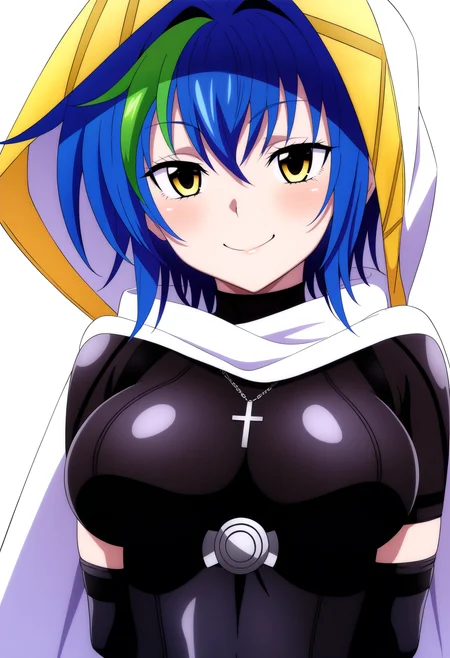 best quality, amazing quality, very aesthetic, absurdres,
1girl, xenovia, blue hair, streaked hair, hair between eyes, short hair, yellow eyes,
black leotard, skin tight short sleeves, cross necklace, fingerless elbow gloves,
white cape, hood, hood up,
upper body, arms behind back,
smile, looking at viewer, solo, (simple background, white background:1.3),   <lora:XenoviaNoobXL_byKonan:1>