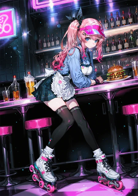 zPDXL3 Real score_9, score_8_up, score_7_up, score_6_up source_anime, highly detailed, sharp, intricate details, rating_safe rating_sensitive, rating_explicit, masterpiece, best quality, good quality, bright eyes light particles lens flare amazing quality, very aesthetic, very awa, absurdres, newest,
<lora:yoneyamaiXLNBVP1lokrV6311PZ:0.5>, <lora:NARUEforill:0.5>
<lora:nhl-001:0.4> nhl-001 film grain multicolored background  <lora:ponyv4_noob1_2_adamW:0.4>
medium breasts, dynamic pose, dynamic angle,
optical illusion, ssambatea, quasarcake, Fishine, arutera, soresaki, reoen, sanbonzakura, askzy, negative space, see-through, made of, neon light, detailed background,
niji-meruto,large breasts,blue eyes,pink hair,gradient hair,side ponytail,single side ponytail,hairclip,hair ribbon,black ribbon,polka dots ribbon,
indoors, restaurant, alcohol, food, hamburger, headwear, visor cap, apron, skirt, thighhighs, roller skates, footwear, shoes, sneakers, socks
 <lora:niji-meruto:0.7>