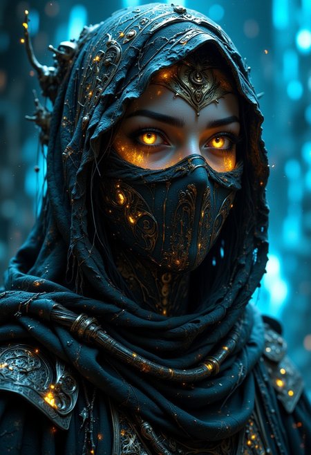 A photorealistic, digital-futuristic depiction of a cloaked female figure with glowing golden skin and eyes that merge shades of gold and green. Her face, partially veiled by tattered cloth detailed with hieroglyphic patterns, reveals age-old stories. The worn fabric is textured, capturing light through cobweb strands. The abstract, icy-blue polygonal background shifts between depths, creating a frozen void that feels both ancient and futuristic. The interplay of her warm, golden hues against the cold, blue tones of the environment amplifies the mystical atmosphere, blending themes of time and technology.