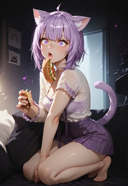 score_9, score_8_up, score_7_up, c3l3st3n01r, CelesteNoir, source_anime, zPDXL3, 1girl, solo, ((wide open mouth, wide eyes:1.3), eating a sandwich,hololive), okayuBase, short hair, purple eyes, purple hair, cat ears, cat tail, ahoge, barefoot, soft lights, soft shadows, shiny skin, Expressiveh