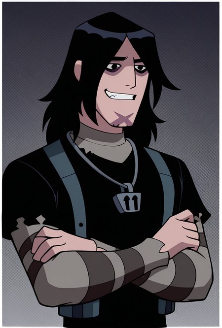<lora:kevinov-08:1> kevinov, black hair, bags under eyes, long hair, black eyes, necklace, goatee, layered sleeves, black shirt, long sleeves, short over long sleeves, torn clothes, striped sleeves, dynamic pose, smile, clenched teeth, grey background, crossed arms,, upper body, halftone effect, white borders, abstract background:1.2,, masterpiece, best quality, amazing quality, very aesthetic, absurdres, newest,