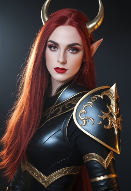 safe_pos, score_9, score_8_up, score_7_up, upscale 2x,(Pov from the side, beautiful, red hair, female elf, red eyes and horns, long hair, large breasts, black lipstick, parted lips, dark black armor with gold glowing details, runesword, on back, the sword is black with gold glowing details, dark in background:1.2) volcanic background
 (8k uhd:1,4)
 <lora:add-detail-xl:1>
 <lora:Dynamic Poses:1>