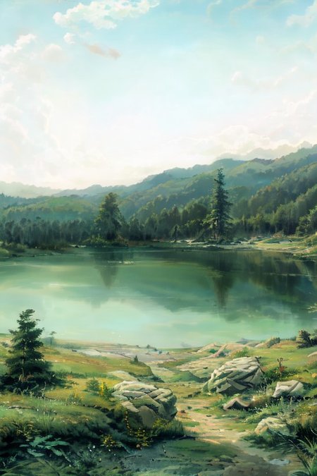 extremely detailed, karelian forest on shore big lake, rocks and cliffs on shores, water as mirror, day, shihing, white clouds, mountain, horizon, mountainous horizon, day, sky, cloud, epic landscapes, show a mystical terrain,