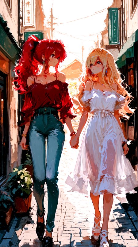 masterpiece, newest,absurdres,incredibly absurdres, best quality, amazing quality, very aesthetic, retro artstyle, 
 2girls, blonde, ponytail, red hair, long wavy hair, holding hands, light smile, pedestrian street, cobblestone, sunset, public, sundress, jeans, off-shoulder shirt, 
<lora:XXX477:0.6> xxx667_illu, <lora:ka_marukogedago:0.6> k4_illu,  <lora:fuyumur4s4ki_style:1> fuyumur4s4ki_illu