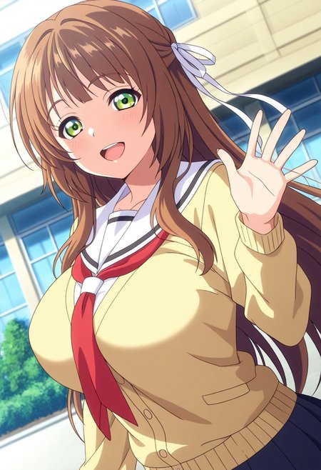 general,highres, ultra-detailed,very aesthetic,best quality ,best hands,best eyes,easynegative,
dynamic anglre, dutch angle, anime cloring,anime screencap,
1girl solo,looking at viewer,school, outdoors, waving hand, smile, open mouth, 
Suzuna Azuma,brown_hair, long_hair, hair ribbon, white ribbon, green_eyes, huge_breasts,school uniform,