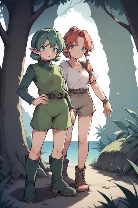 2girls, 1girl, outdoors, jungle, blushing, hands on own hips, cowboy shot, looking at viewer, <lora:saria-v4_pdxl:1> , saria, sweater, turtleneck, ribbed sweater,  belt, boots, green footwear, <lora:senbei_avocadochaya_XL:1>
2girls, outdoors, jungle, 1girl, <lora:RiesArgent:0.9> , Ries Argent, aqua eyes, red hair, hair tubes, hair over shoulder, sidelocks, medium breasts, 
score_9, score_8_up, score_7_up, score_6_up, score_5_up, score_4_up, source_anime, masterpiece