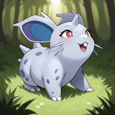 score_8_up, score_7_up, score_6_up, source_anime,, rating_explicit, BREAK solo,  mouth, ,smile , ,female, ,cute,anthro, ,,,cute ,cute head,,(creature),,,  , , , ,,cute,,mouth,,,forest,tree, ,mustache, , rabbit tooth, , nidoran,freal,