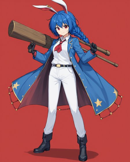 seiran \(touhou\),1girl, solo, boots, holding_gun, full_body, looking_at_viewer, smile, dual_wielding, red_ascot, long_sleeves, red_background, white_shirt, collared_shirt, black_footwear, mallet, white_pants, jacket, weapon_over_shoulder, one_knee, braid, long_coat, handgun, gloves, blue_coat
<lora:seiran_(touhou)_image1670_2023-12-20-000010:1>,star-shaped_pupils,symbol-shaped_pupils,. gorgeous,key visual, vibrant, studio anime,award-winning, professional, highly detailed,high budget, cinemascope