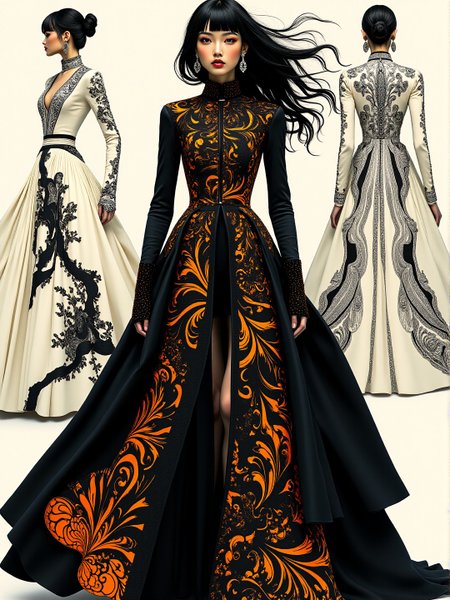 A minimalistic black-toned fashion shoot illustration depicting a Canadian dryad modelling a steampunk outfit that utilises toile and sateen material. The clothing tightly hugs the person and is decorated with intricate black and orange recursive designs. The overall feel of the image is dynamic and eldritch. Additionally, the backdrop shows comcept drawings of the clothing, rendered in fine flowing lines and appliqued silverleaf. The general effect is of timeless fine art elegance. <lora:midjourney_whisper_avant_couture_v01:1>
