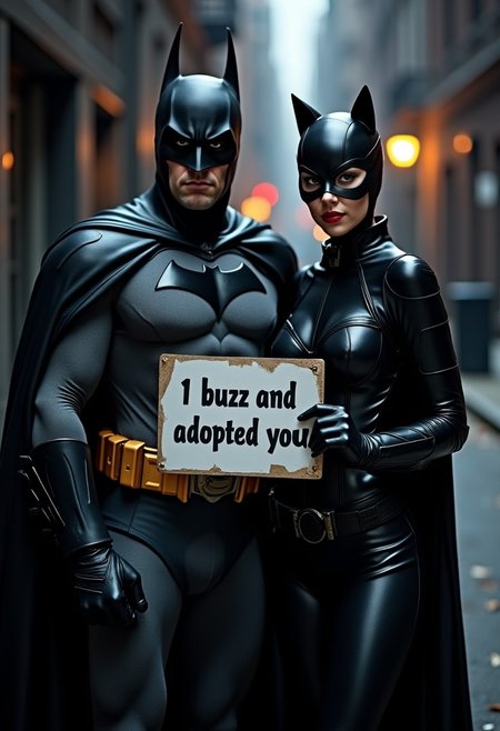 Batman and Catwoman standing together in a dark, Gotham City alley," "Batman in his classic suit with a dark, brooding look," "Catwoman in her sleek, black costume, showing a playful expression," "they both hold a clear sign with bold, readable text that says: '1 buzz and adopted you,'" "the setting is moody with shadows and dim streetlights," "ensure all details are crisp and clear.