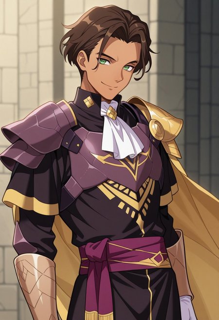 masterpiece,best quality,amazing quality, source_anime,
ClaudeVonRiegan, 1boy, male focus, solo, green eyes, brown hair, short hair, dark-skinned male, ascot, white ascot, shoulder armor, cape, tunic, black and gold tunic, white gloves, purple sash, smile,