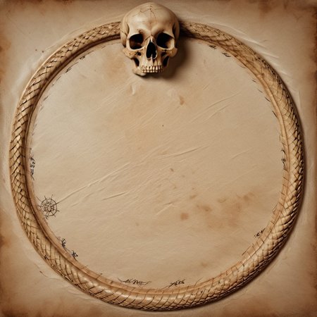 Human skull in the center of the image surrounded by an Ouroboros snake eating its own tail, snake with its tail in its mouth, snake, solo snake, drawn on ancient parchment paper, background is parchment paper. ancientegypt, detailed background.