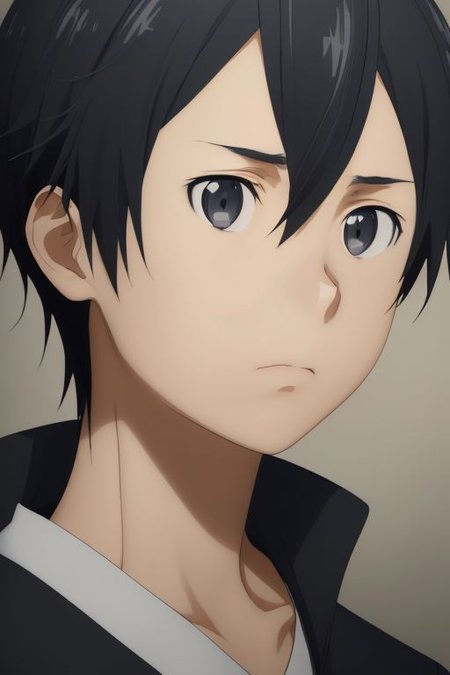 high resolution, solo, best quality, 1Boy, Kazuto Kirigaya, portraits, Black Hair, Black Eyes, portrait, looking at viewer, focused gaze forward, upper body, head upright, neutral expresion, OverallDetail