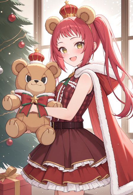 highres, best quality, masterpiece, indoors, christmas, christmas tree, window, light particles,
1girl, solo, pcrayane, twintails, red hair, long hair,
paynmas, animal ears, bear ears, crown, fur-trimmed cape, red cape, plaid shirt, red shirt, center frills, belt, red skirt, brown skirt, layered skirt, frilled skirt, sleeveless,
looking at viewer, blush, smile,
standing, from side, open mouth, 
holding teddy bear, pkc teddy bear, large teddy bear,
<lora:_ayane_pcr-elesico-ilxlA:1>