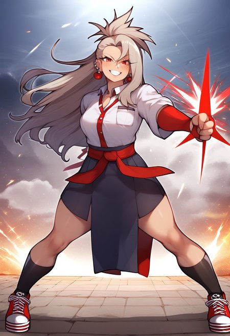 score_9, score_8_up, score_7_up, source_anime, source_sukeban deka, source_illyasviel_von_einzbern, (perfect composition), cartoon, illyasviel_von_einzbern reimagined as a sukeban delinquent girl in black seifuku, mature_female, silver hair, holding yoyo, combat pose, full body, flowing hair, hair between the eyes, asymmetrical hair, red eyes, delicate facial features, sukeban deka clothe, looking_at_viewer, outdoors, background tokyo, woman in a 80's sukeban seifuku standing on a set of strees, black seifuku, 80's japanese sukeban photo, sukeban seifuku, 80's japan, sukeban, long black skirt, red converse, full body, light skin tone female, full body, tape, arm_support, gloves, red_gloves, bridal gauntlets, blackred_footwear, fighter outfit, full body, hourglass, mature face, cheeky smile, cheeky face, wrinkles,( silver long hair, earrings, ear piercings), (fighting art, Martial arts, standing, fighting_stance, fight, fighting), extra colors, 2D, megapixel, perfectionism, accent lighting, full HD , 4K, masterpiece, , (Masterpiece:1.2), (full-body-shot:1),(cowboy shot:1.2), (Highly detailed:1.2),(anime Detailed Face:1.2), Colorful, A detailed eye, (Detailed landscape:1.2), (natural lighting:1.2), ((sukeban school teacher))  Anamorphic Shot, rule of thirds,  ((street of rage 4 city backround)), fictive city backround in the style art of street of rage 4,illyasviel von einzbern ubw, long hair, white hair, red eyes,