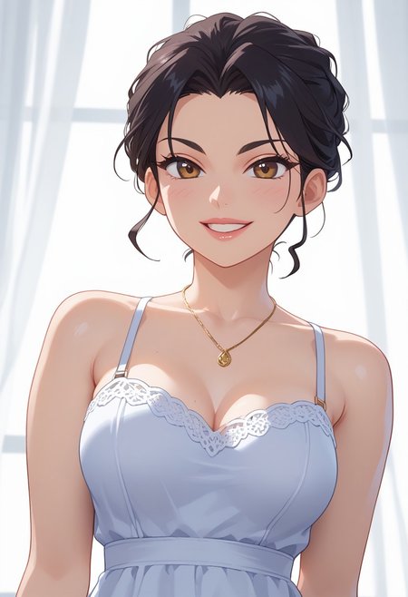 safe image,  score 9, score 8, score 7, high detail, perfect face, high resolution, contrast, front view,1 girl, solo, upper body, looking at the viewer, beautiful detailed face, beautiful hazel eyes, long black hair, pink sun dress, naughty smile, dynamic pose, white background
(8k UHD:1.4)
<laura:Add-details-size:1>
<laura:Dynamic poses:1>