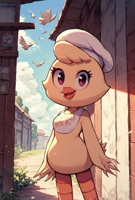 score_9, score_8_up, score_7_up,  looking at viewer, smiling,   <lora:chica-06:1> chica, hat, bird, 1girl, solo, outdoors,  <lora:GozenPh-Bu_art_style:1> GozenPuBu