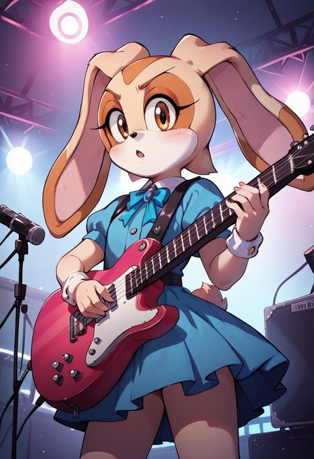 Cream The Rabbit, solo, idol dress, electric_guitar, playing_instrument, pink guitar, neon lights, stage lights, night, 
score_9, score_8_up, score_7_up