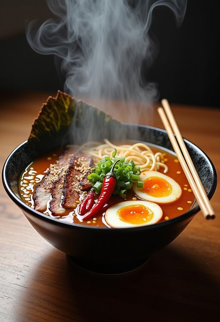 A steaming bowl of ramen takes center stage, its golden, umami-rich broth shimmering with flavor. Crispy slices of duck rest atop springy noodles, complemented by a soy-marinated soft-boiled egg with a creamy yolk and browned exterior. Bright red chilies and green scallions add vibrant contrast, while a sprinkle of sesame seeds enhances the presentation.