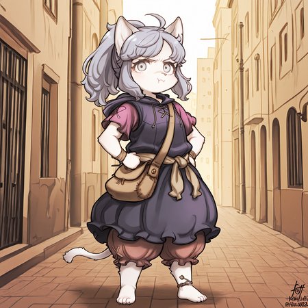 BREAK, <lora:Sheena_Falafel:1>, Sheena Falafel, Fuga: Melodies of Steel, kemono, furry female, young female, 1girl, cat girl, white fur, grey eyes, pastel blue hair, long hair, ahoge, bangs, sidelocks, animal ears, cat ears, animal nose, pink nose, Fuga 2 appearance, ponytail,
BREAK, Fuga 2 Outift, barefoot, braided anklet, claws, braided wristband, waist sash, pink bloomers, puffy skirt, tan satchel, paw print on stachel, purple blouse, short sleeves, crossstitch symbol on sleeve, dark grey cloak, hooded cloak, sleeveless cloak,
BREAK, solo, outside, city, side walk, sunny, full body, looking at viewer, standing, angry, pout, hands on hips, fists,