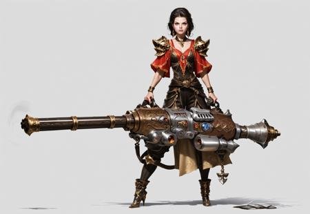 score_9, score_8_up, score_7_up, rating_safe, concept art, semi-realistic, 1girl, solo, 
Young beautiful face, fit body, 
HHWeapon, Holding weapon, ((Huge weapon)),
Holding weapon with two hands.
Fantasy gun. Rotary gun.
Simple background.