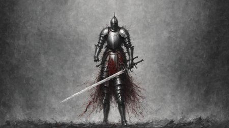 <lora:DarknessAI:1.2>knight in battle, decayed world. majestic oil painting, smoke and dust, sword drips with blood, DarknessAI