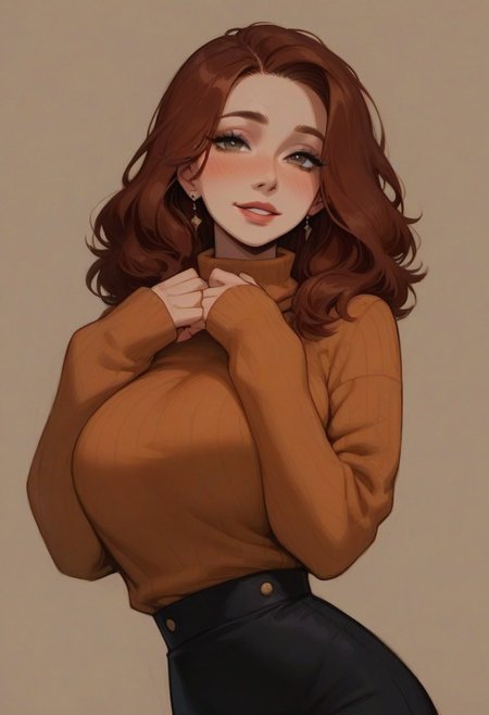 score_9, score_8_up, score_7_up, score_6_up,
pretty woman, 21 year old, 1girl, pale skin, eyeliner, eyeshadow, auburn hair, pretty face, pretty eyes, huge breasts, sweater, skirt, standing, shy, smile,