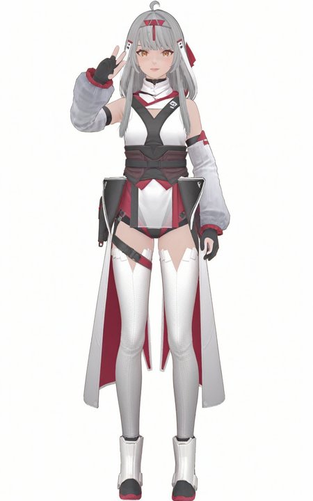 8k, best quality, masterpiece, (ultra-detailed), (high detailed skin), 
full body, full shot, standing, looking at viewer, (solo:1.2), simple background, white background, V, 
<lora:akxy-atw-Tanger-000010:0.8>, akxy, ciyuan, second clothes, Combat uniforms, 1girl, black gloves, detached sleeves, virtual youtuber, ahoge, grey hair, long hair, white thighhighs,