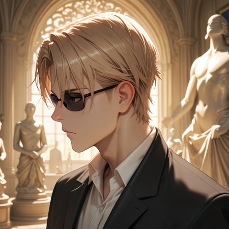 masterpiece, best quality, amazing quality, absurdres, newest, detailed background, definition so sharp, Ultra-HD, 8K cinematic, very awa, impressionate, amazing quality, highres, 
solo, male focus, manly, 
1boy, short hair, izumo_blonde, izumo_brown eyes, izumokusanagi, sunglasses \(on face\), formal wear, suit jacket, buttoned shirt, art gallery, soft ambient light, sculptures, blurred background, refined, sophisticated, thoughtful, aesthetic, profile, looking into distance, calm gaze,