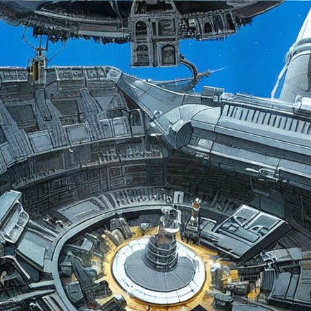 ralph-mcquarrie style, ancient greek architecture done in a sci-fi style space station, oil painting, beautiful, highly detailed, just the space station liminal