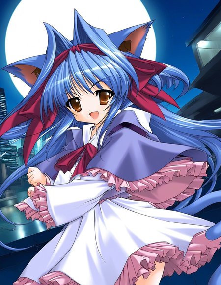 score_9, score_8_up, score_7_up, source_GAME, rating_explicit, BREAK <lora:Shion_mahjong_XL:1> Shion_mahjong, very long hair, blue hair, hair bow, hair intakes, brown eyes,  short stack, hair bow, white  dress,
solo, bow, upper body, purple capelet, frills, hair ribbon, wine red bow,  looking at viewer, cat tail, cat ears, 
open mouth,
smile, 
cyberpunk, gigantic size full moon,  night, near future city, buildings, outdoors,