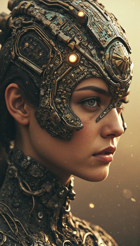 A close-up, artfully abstracted image of a woman's face, hidden behind a mesmerizing circuit board masquerade mask, inspired by the dark, industrial aesthetic of H.R. Giger and the imaginative, storytelling style of Shaun Tan. The woman's facial features are subtle, with high cheekbones, a small nose, and full lips that seem to be pressed together in a mixture of determination and vulnerability. The circuit board mask is a complex, abstract pattern of wires, circuits, and microchips, with a sense of depth and dimensionality that seems to draw the viewer in. The lighting is soft, with warm, golden tones that evoke a sense of nostalgia and longing, casting gentle shadows that accentuate the mask's intricate details. The background is a muted, monochromatic haze, with hints of dark, cool colors that seem to fade into the distance. The shot is a close-up, with a medium depth of field that focuses on the mask and the woman's face, while softly blurring the surrounding environment. The overall mood is one of haunting, dreamlike beauty, with a hint of mystery and intrigue. The image features a detailed, realistic rendering style, with subtle texture and imperfections that add to the sense of realism and wonder, and a touch of artistic, hand-crafted quality that evokes the sense of a unique, one-of-a-kind artifact.