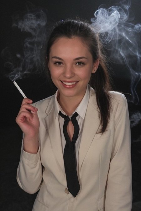 30yo American woman wearing business suit smoking cigarette
Dark black smooth long hair ponytail. smiling.
Looking at camera.
Smoke.
Dynamic varying pose.
Outside bussiness. Night time,  
Night time, dark. 
Stable-Yogis-Eye-Detailer-5x